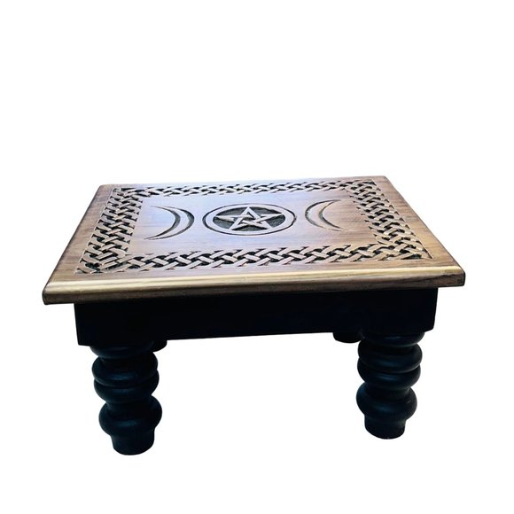 Handcrafted Triple Moon Altar Table with Pentagram - Wiccan Witchcraft Wooden Su - Picture 2 of 15